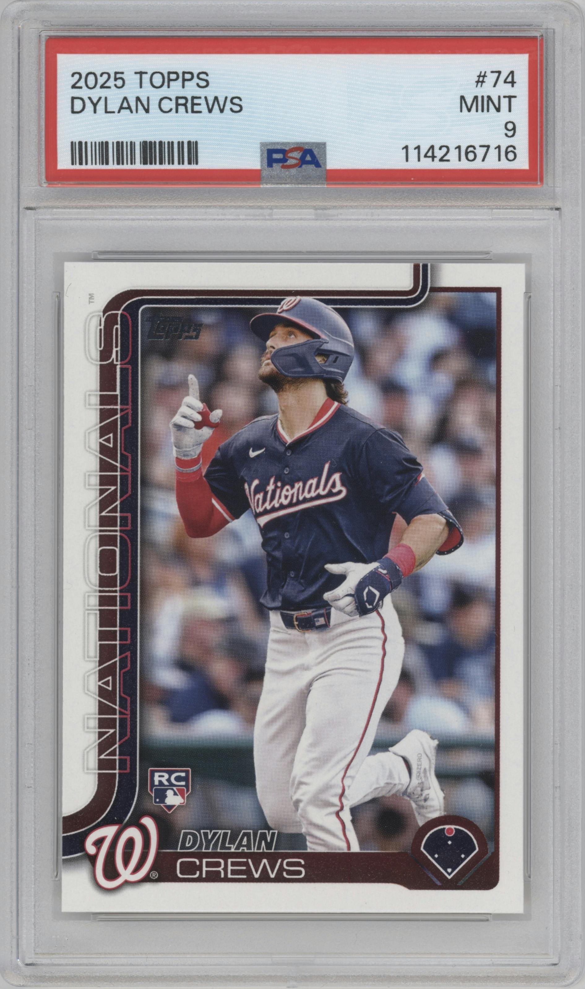 Dylan Crews from the 2025 Topps set graded by PSA and given an overall grade of 9.
