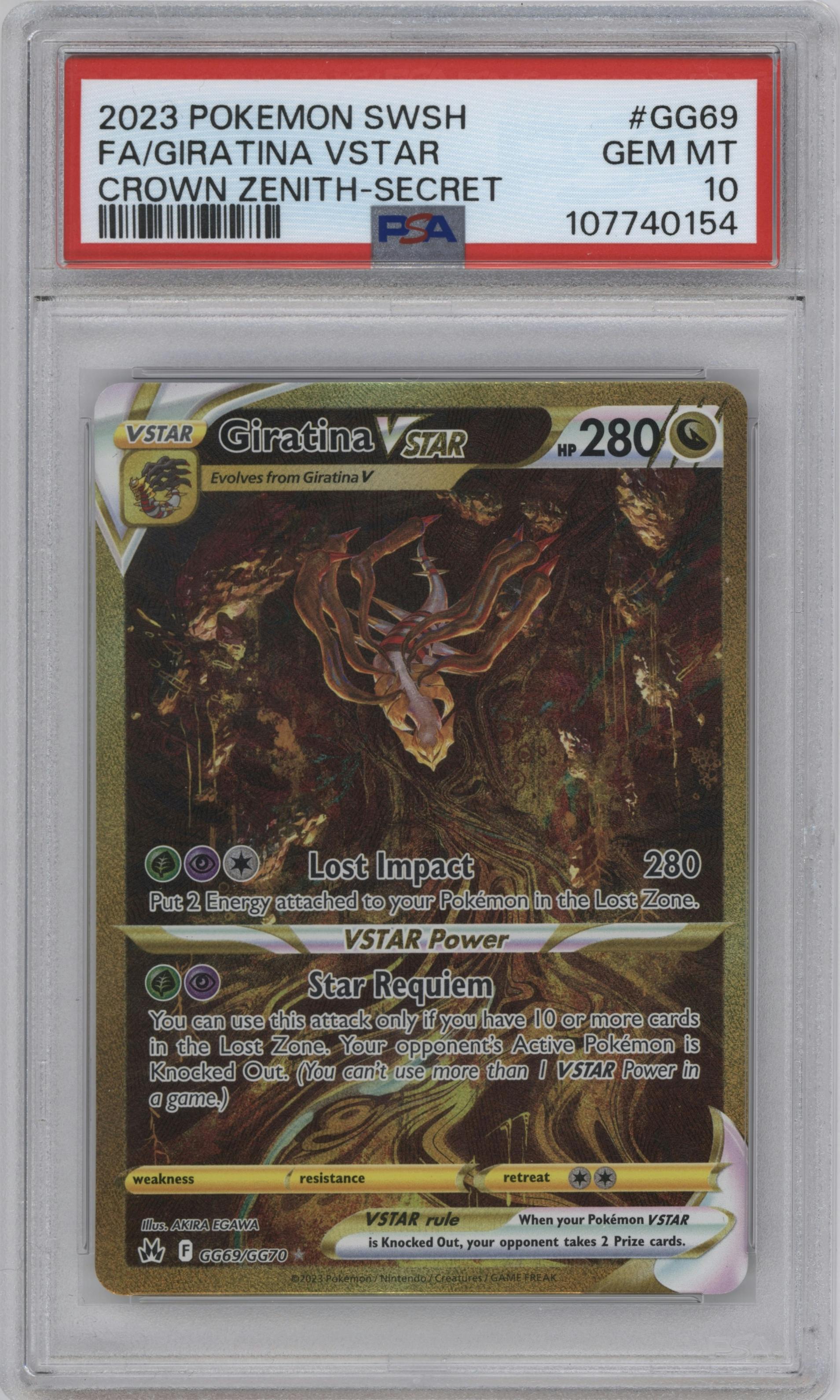 Giratina VSTAR from the 2023 Pokemon SWSH set graded by PSA and given an overall grade of 10.