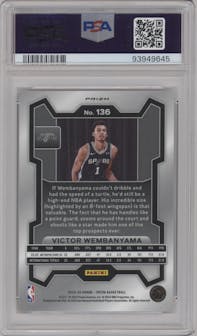 Victor Wembanyama from the 2023-24 Panini Prizm set featuring a Red Ice parallel graded by PSA and given an overall grade of 10.