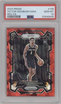 Victor Wembanyama from the 2023-24 Panini Prizm set featuring a Red Ice parallel graded by PSA and given an overall grade of 10.