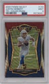Justin Herbert from the 2020 Panini Select set featuring a Tri-Color parallel graded by PSA and given an overall grade of 9.