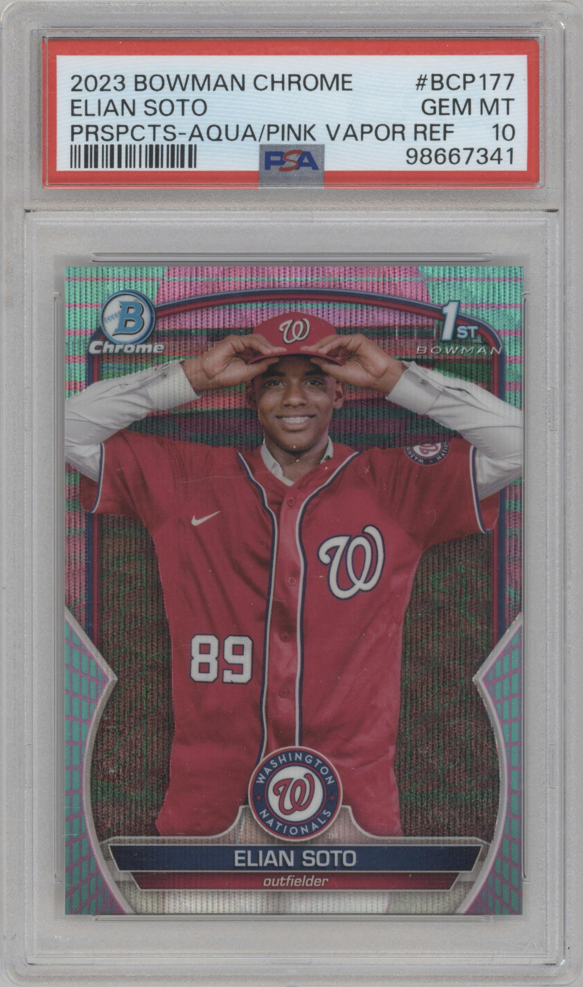 Elian Soto  from the 2023 Bowman Chrome set featuring a Aqua and Pink Vapor Refractor parallel graded by PSA and given an overall grade of 10.