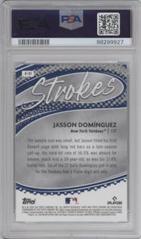 Jasson Dominguez from the 2024 Topps Chrome set graded by PSA and given an overall grade of 9.