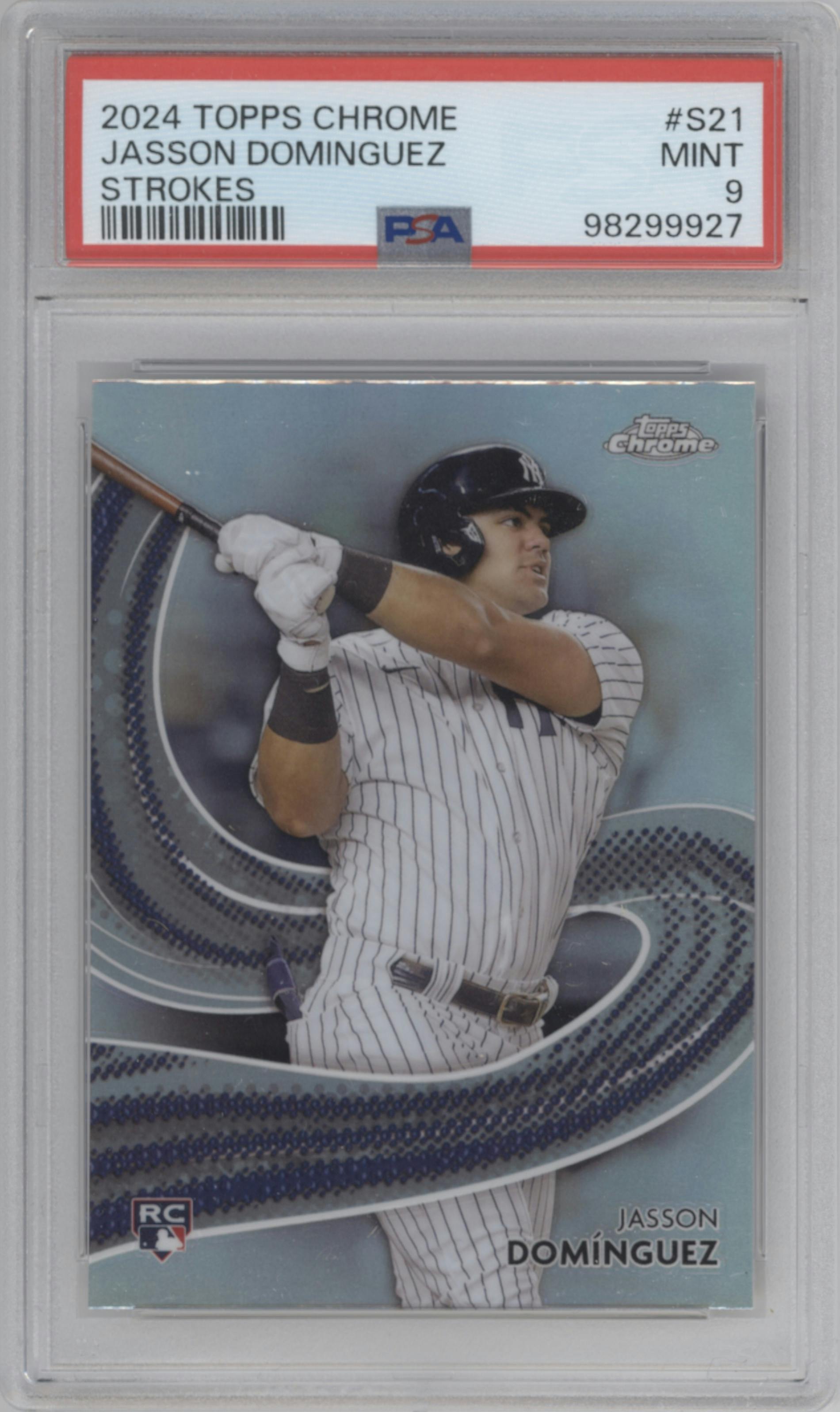 Jasson Dominguez from the 2024 Topps Chrome set graded by PSA and given an overall grade of 9.