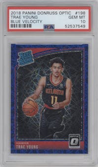 Trae Young from the 2018-19 Panini Donruss Optic set featuring a Blue Velocity parallel graded by PSA and given an overall grade of 10.