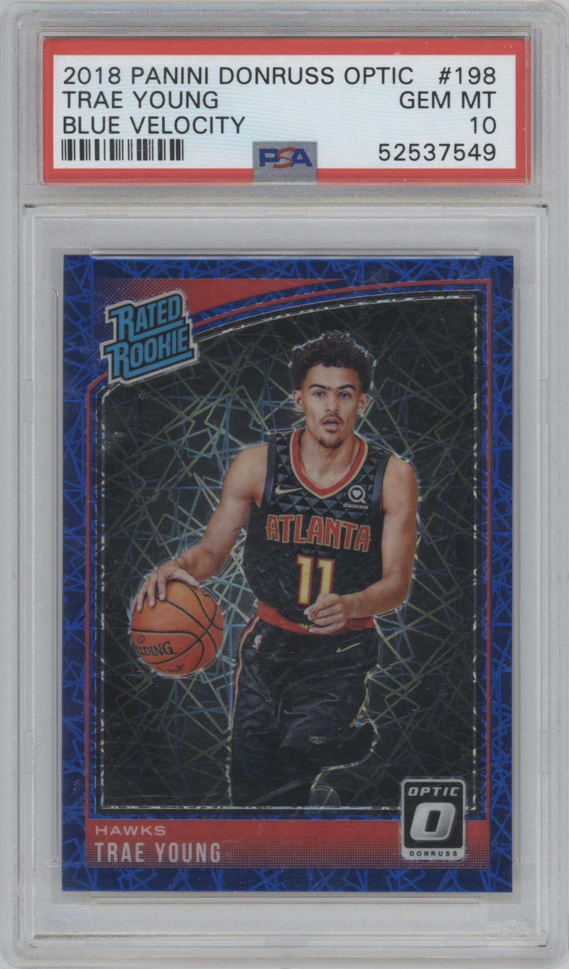 Trae Young from the 2018-19 Panini Donruss Optic set featuring a Blue Velocity parallel graded by PSA and given an overall grade of 10.
