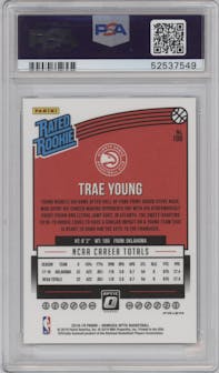 Trae Young from the 2018-19 Panini Donruss Optic set featuring a Blue Velocity parallel graded by PSA and given an overall grade of 10.