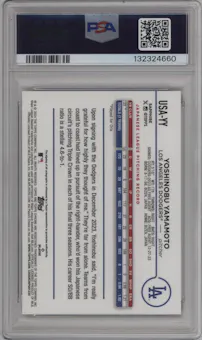 Yoshinobu Yamamoto from the 2024 Topps Chrome Update Sapphire Edition set featuring a Gold Refractor parallel graded by PSA and given an overall grade of 10.