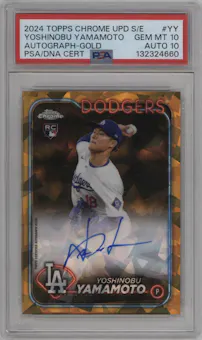 Yoshinobu Yamamoto from the 2024 Topps Chrome Update Sapphire Edition set featuring a Gold Refractor parallel graded by PSA and given an overall grade of 10.
