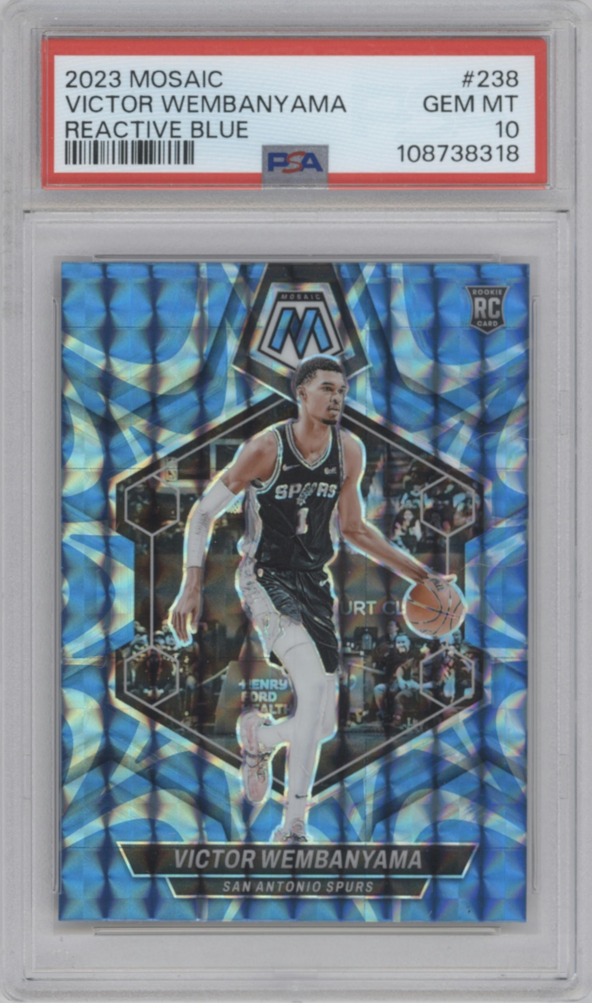 Victor Wembanyama from the 2023-24 Panini Mosaic set featuring a Reactive Blue parallel graded by PSA and given an overall grade of 10.
