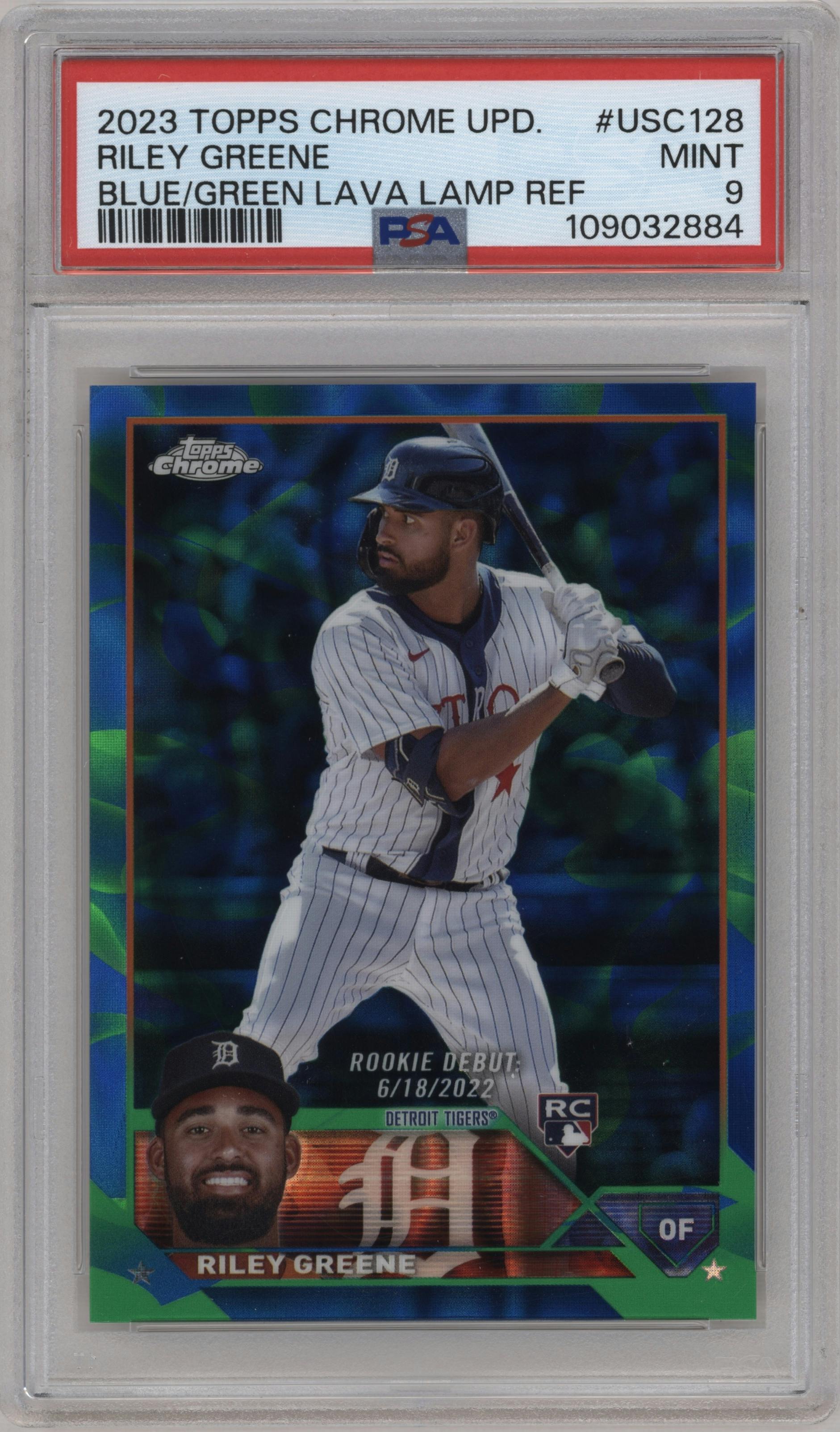 Riley Greene from the 2023 Topps Chrome Update set featuring a Blue/Green Lava Lamp parallel graded by PSA and given an overall grade of 9.