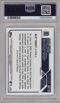Riley Greene from the 2023 Topps Chrome Update set featuring a Blue/Green Lava Lamp parallel graded by PSA and given an overall grade of 9.