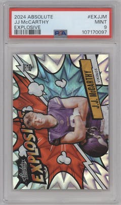 J.J. McCarthy from the 2024 Panini Absolute set graded by PSA and given an overall grade of 9.