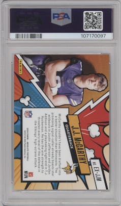 J.J. McCarthy from the 2024 Panini Absolute set graded by PSA and given an overall grade of 9.