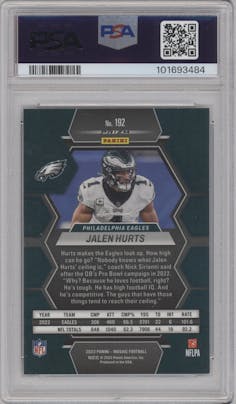 Jalen Hurts from the 2023 Panini Mosaic set featuring a  Genesis parallel graded by PSA and given an overall grade of 10.