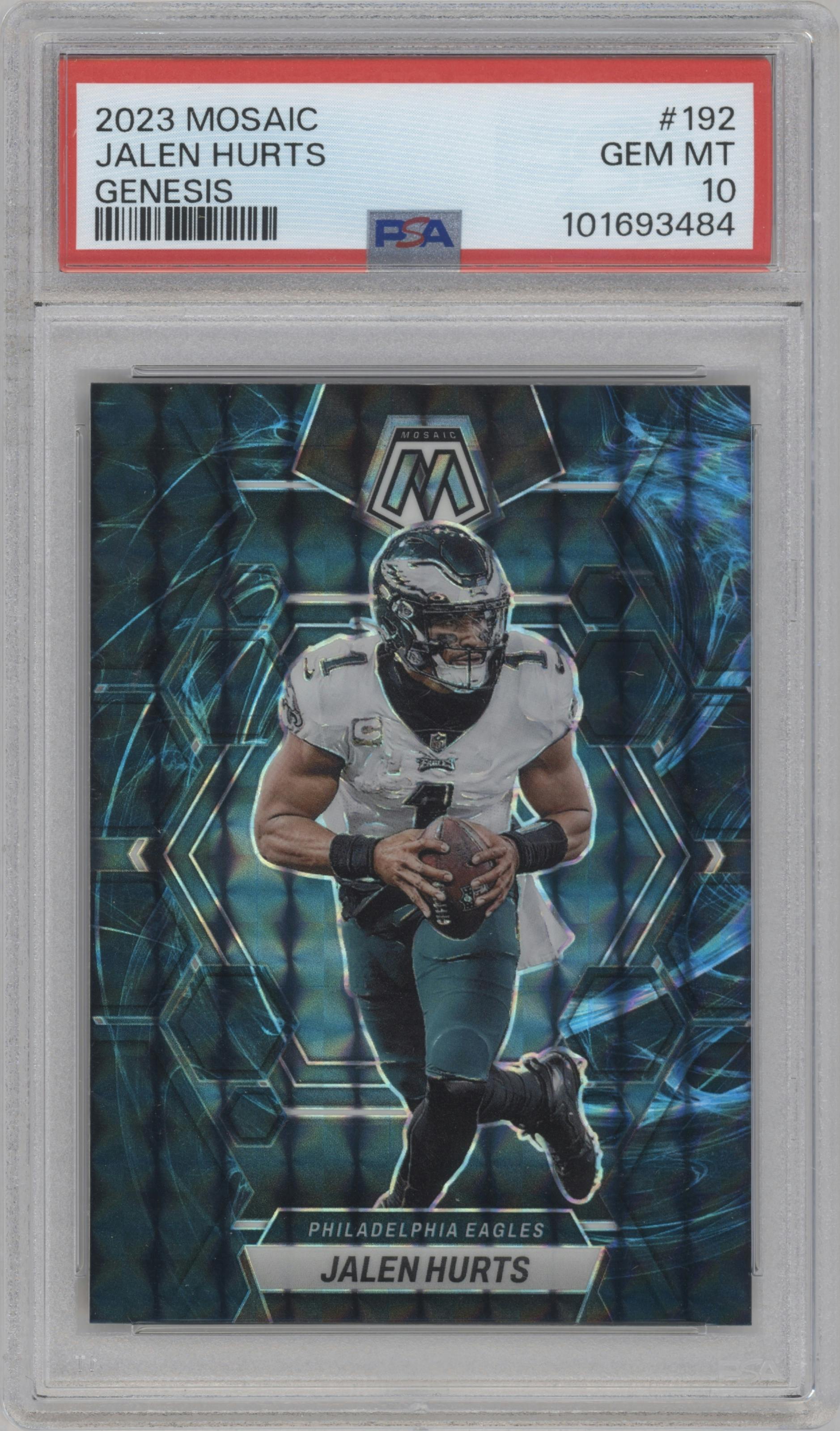 Jalen Hurts from the 2023 Panini Mosaic set featuring a  Genesis parallel graded by PSA and given an overall grade of 10.