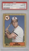 Cal Ripken from the 1987 Topps set featuring a Tiffany parallel graded by PSA and given an overall grade of 10.