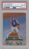 J.J. McCarthy from the 2024 Panini Certified set featuring a Mirror Orange parallel graded by PSA and given an overall grade of 8.