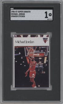 Michael Jordan from the 1986-87 Super Canasta Stickers (Spanish) set graded by SGC and given an overall grade of 1.
