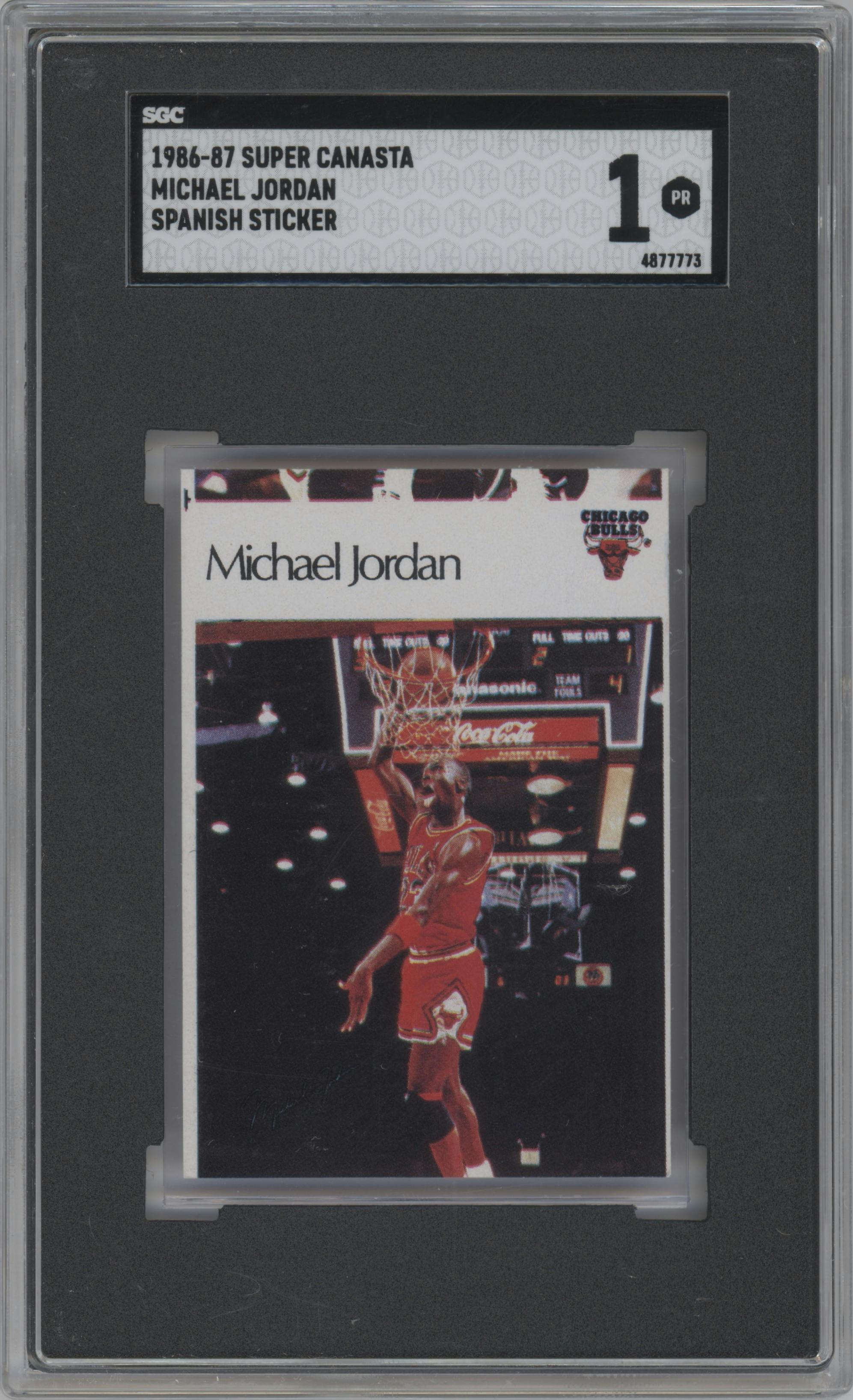 Michael Jordan from the 1986-87 Super Canasta Stickers (Spanish) set graded by SGC and given an overall grade of 1.