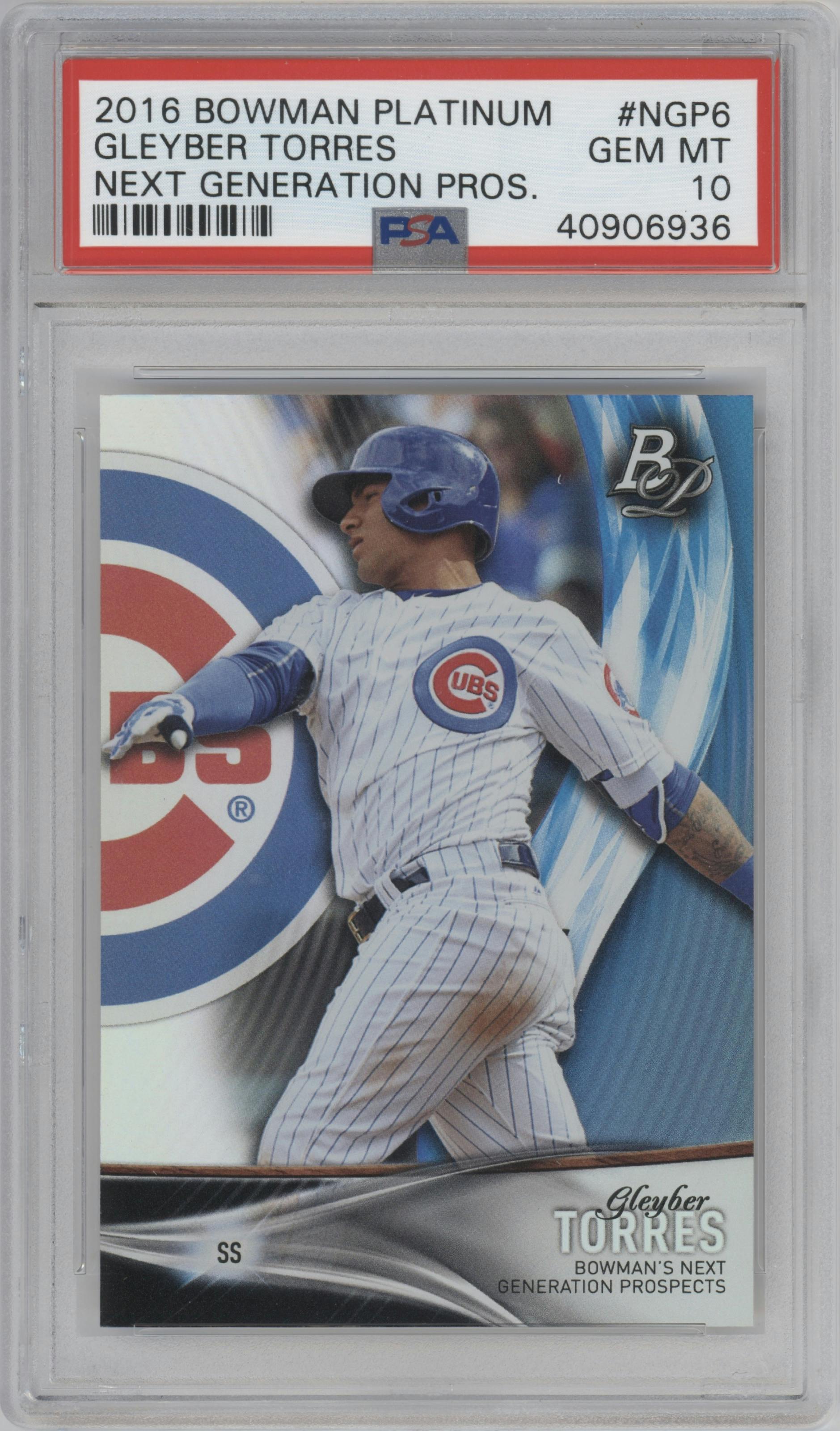 Gleyber Torres from the 2016 Bowman Platinum set graded by PSA and given an overall grade of 10.
