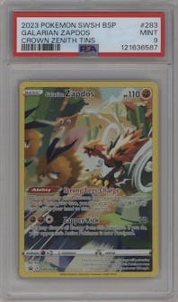 Galarian Zapdos from the 2023 Pokemon SWSH set featuring a Crown Zenith Collection Tin parallel graded by PSA and given an overall grade of 9.
