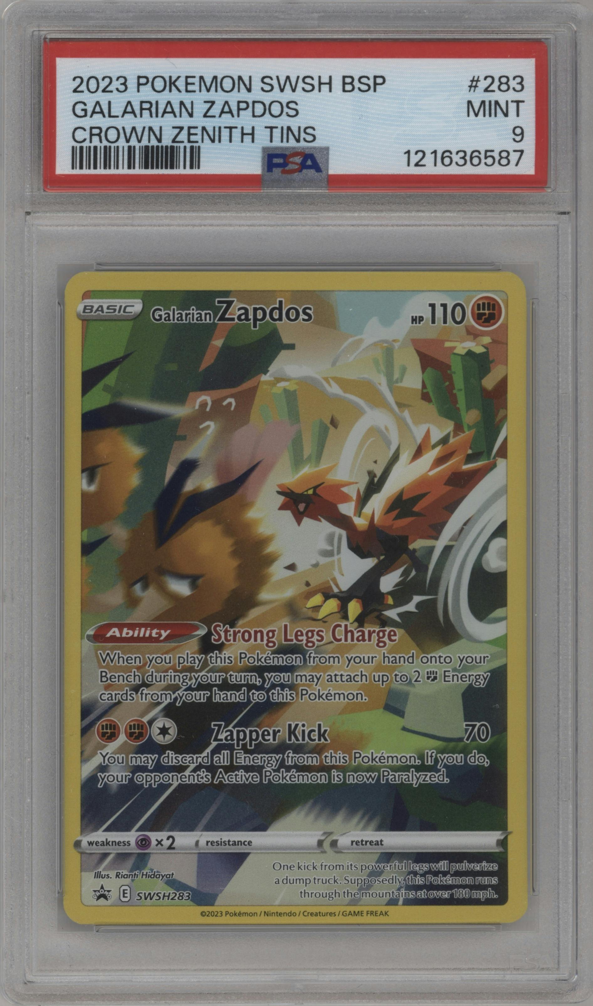 Galarian Zapdos from the 2023 Pokemon SWSH set featuring a Crown Zenith Collection Tin parallel graded by PSA and given an overall grade of 9.