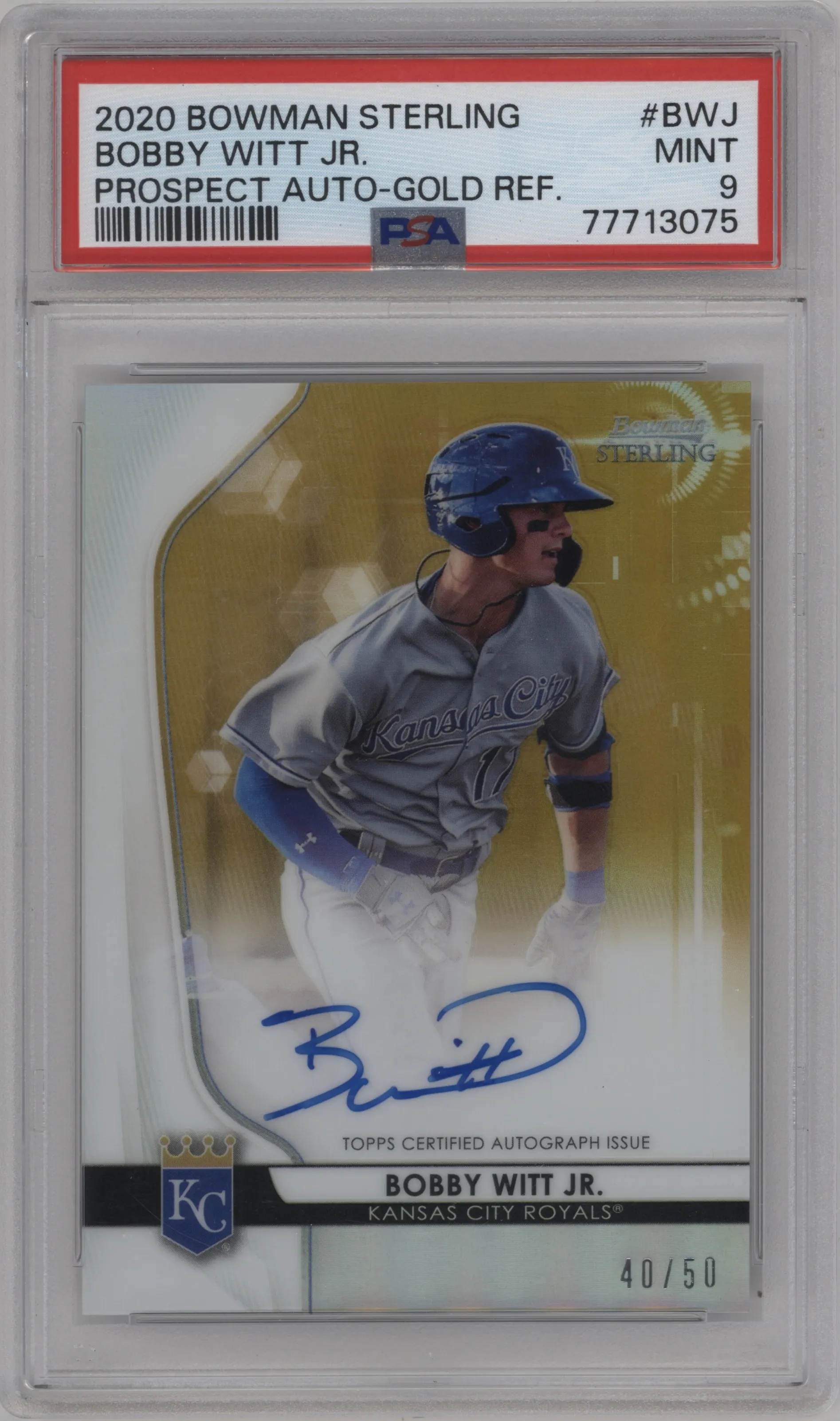 2020 Bowman Sterling Pros.Auto Bobby Witt Jr. Gold Refractor #BSPA-BWJ PSA 9