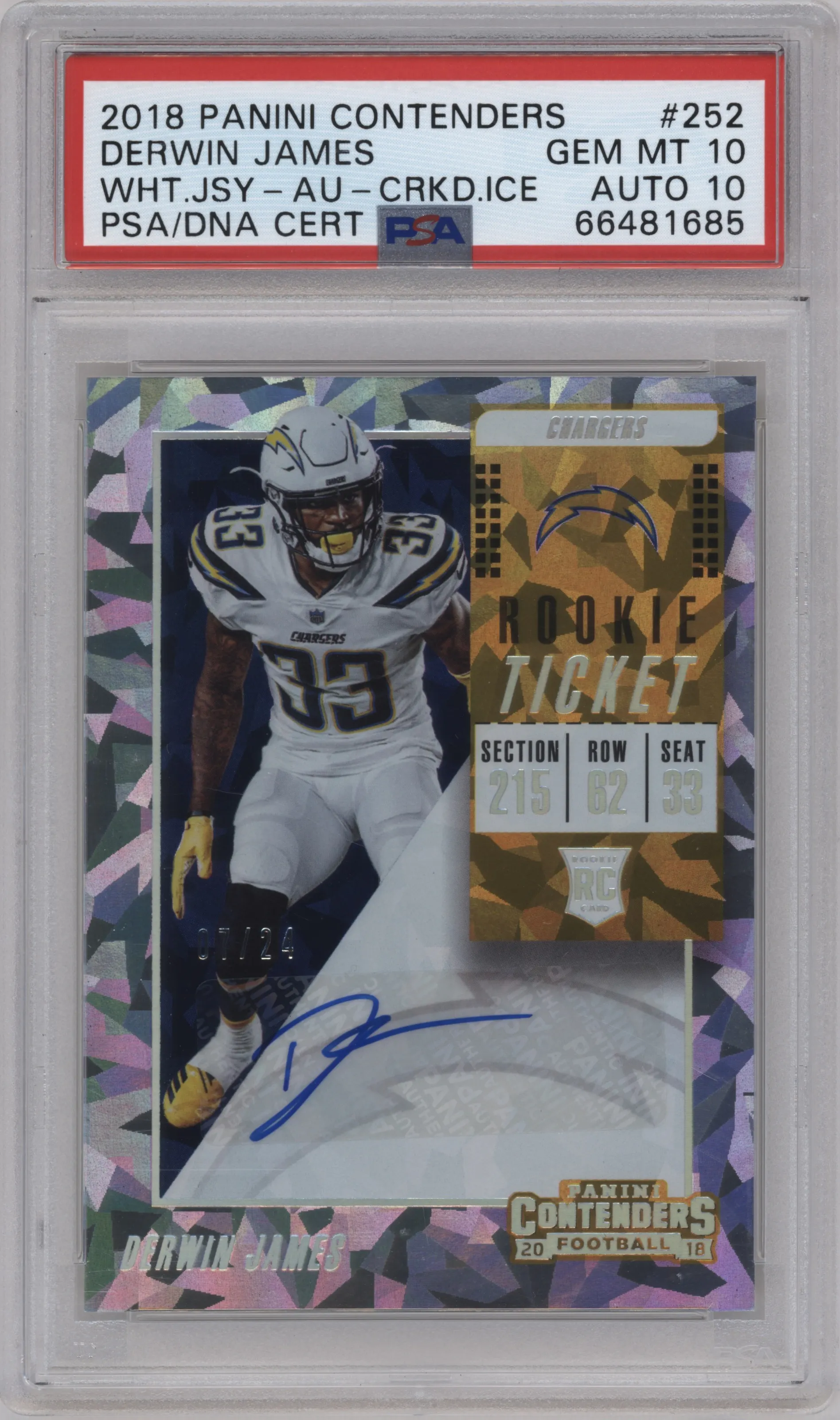 2018 Panini Contenders Rke.Tkt.Auto Derwin James Cracked Ice #252 PSA 10