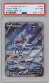 Suicune V from the 2023 Pokemon SWSH set graded by PSA and given an overall grade of 10.