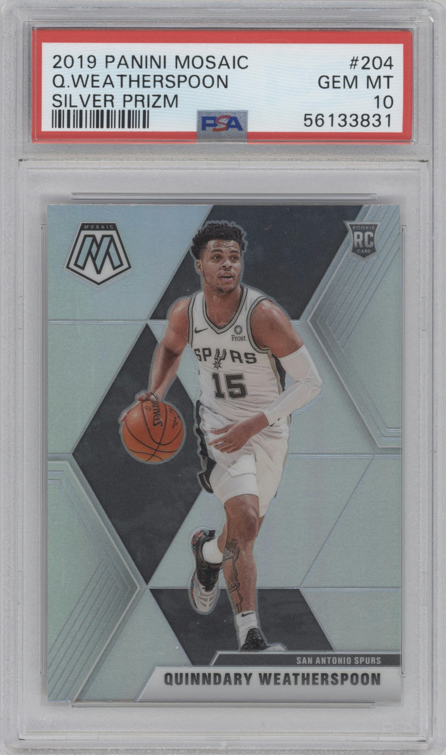 Quinndary Weatherspoon from the 2019-20 Panini Mosaic  set featuring a Silver parallel graded by PSA and given an overall grade of 10.