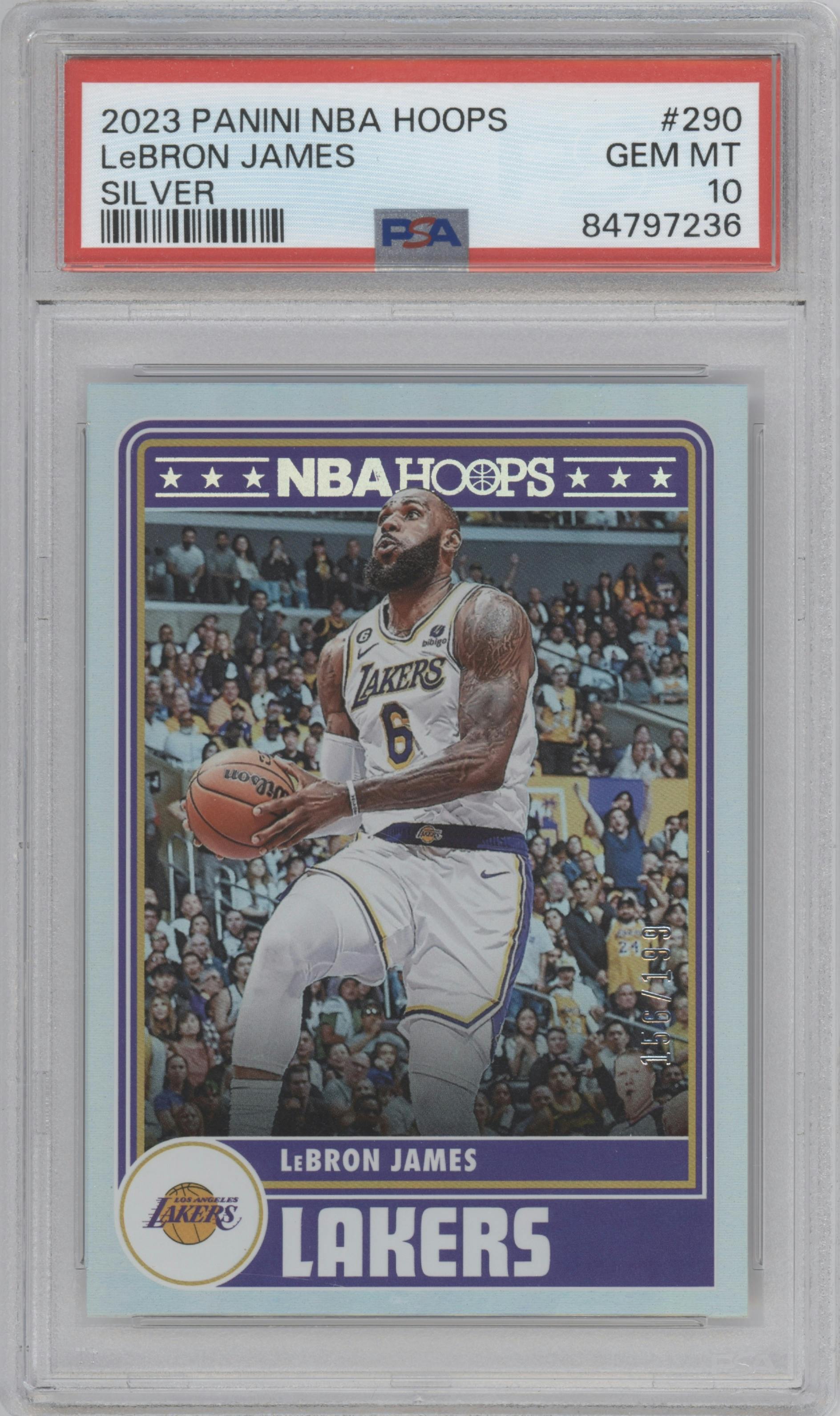 LeBron James from the 2023-24 Panini NBA Hoops set featuring a Silver parallel graded by PSA and given an overall grade of 10.