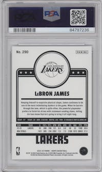 LeBron James from the 2023-24 Panini NBA Hoops set featuring a Silver parallel graded by PSA and given an overall grade of 10.