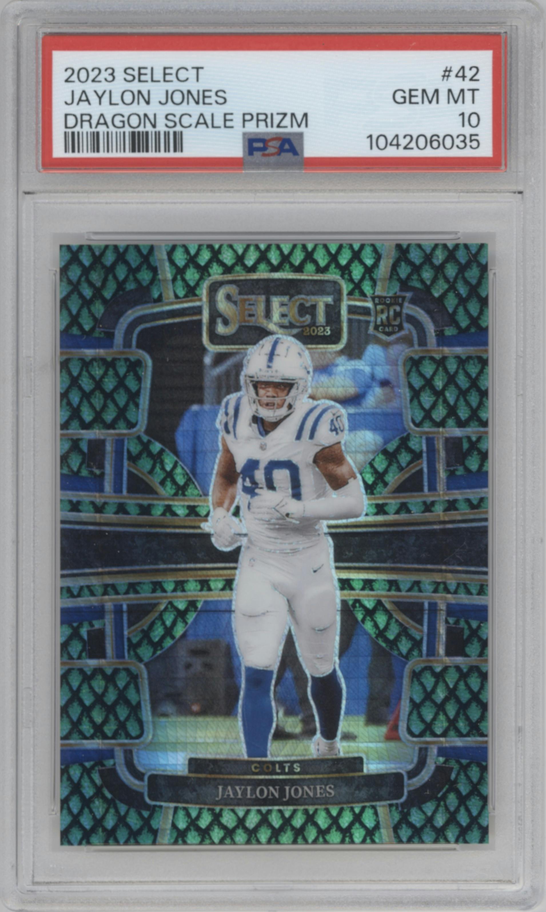 Jaylon Jones from the 2023 Panini Select set featuring a Dragon Scale parallel graded by PSA and given an overall grade of 10.