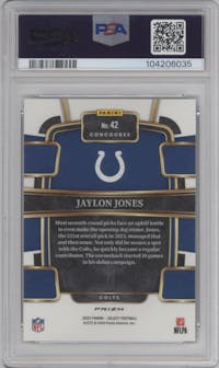 Jaylon Jones from the 2023 Panini Select set featuring a Dragon Scale parallel graded by PSA and given an overall grade of 10.