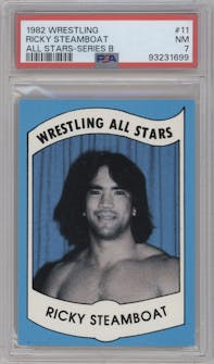 Ricky Steamboat from the 1982 Wrestling All Stars Series A and B Trading set graded by PSA and given an overall grade of 7.