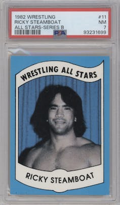 Ricky Steamboat from the 1982 Wrestling All Stars Series A and B Trading set graded by PSA and given an overall grade of 7.