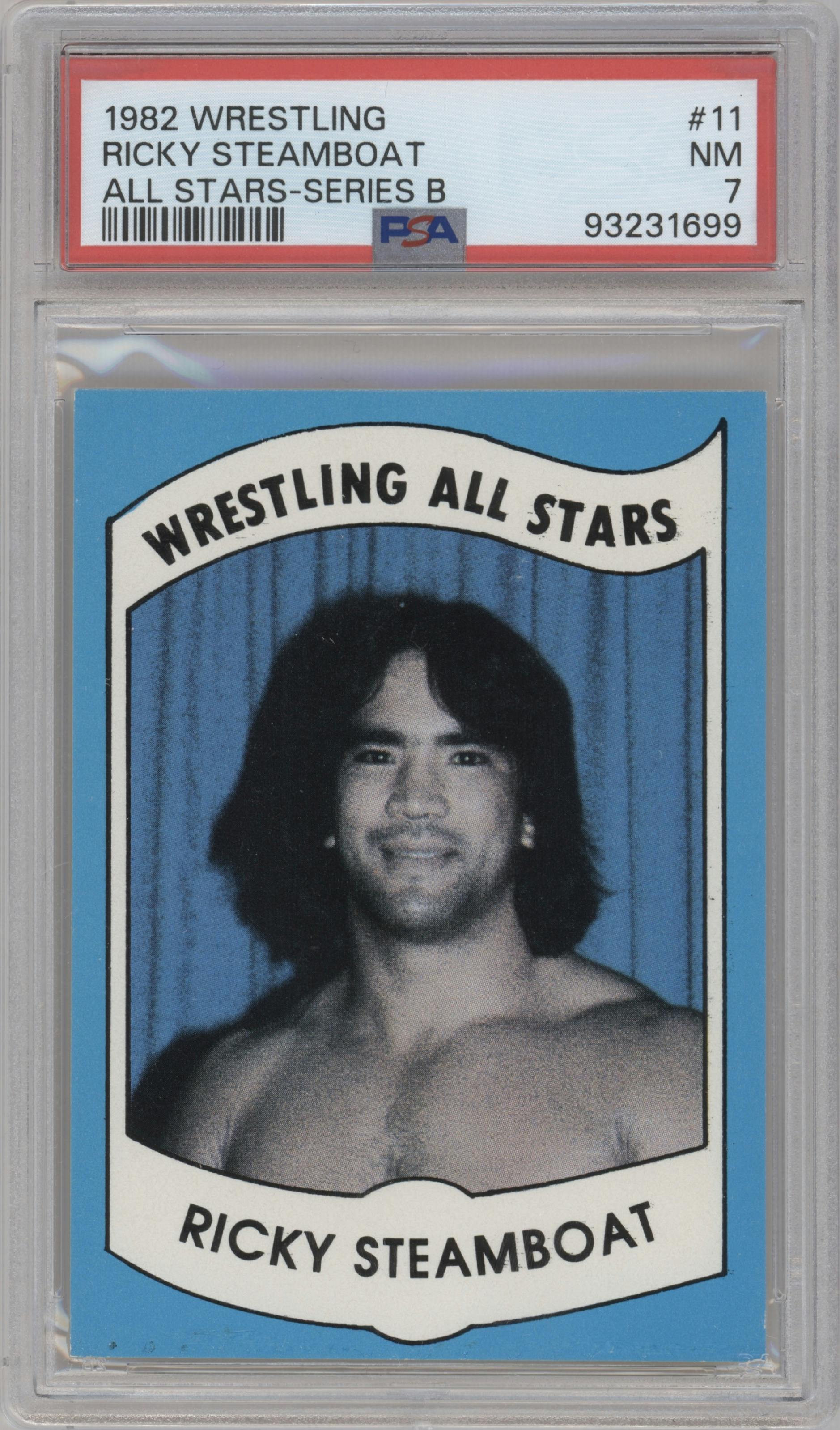 Ricky Steamboat from the 1982 Wrestling All Stars Series A and B Trading set graded by PSA and given an overall grade of 7.