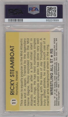 Ricky Steamboat from the 1982 Wrestling All Stars Series A and B Trading set graded by PSA and given an overall grade of 7.