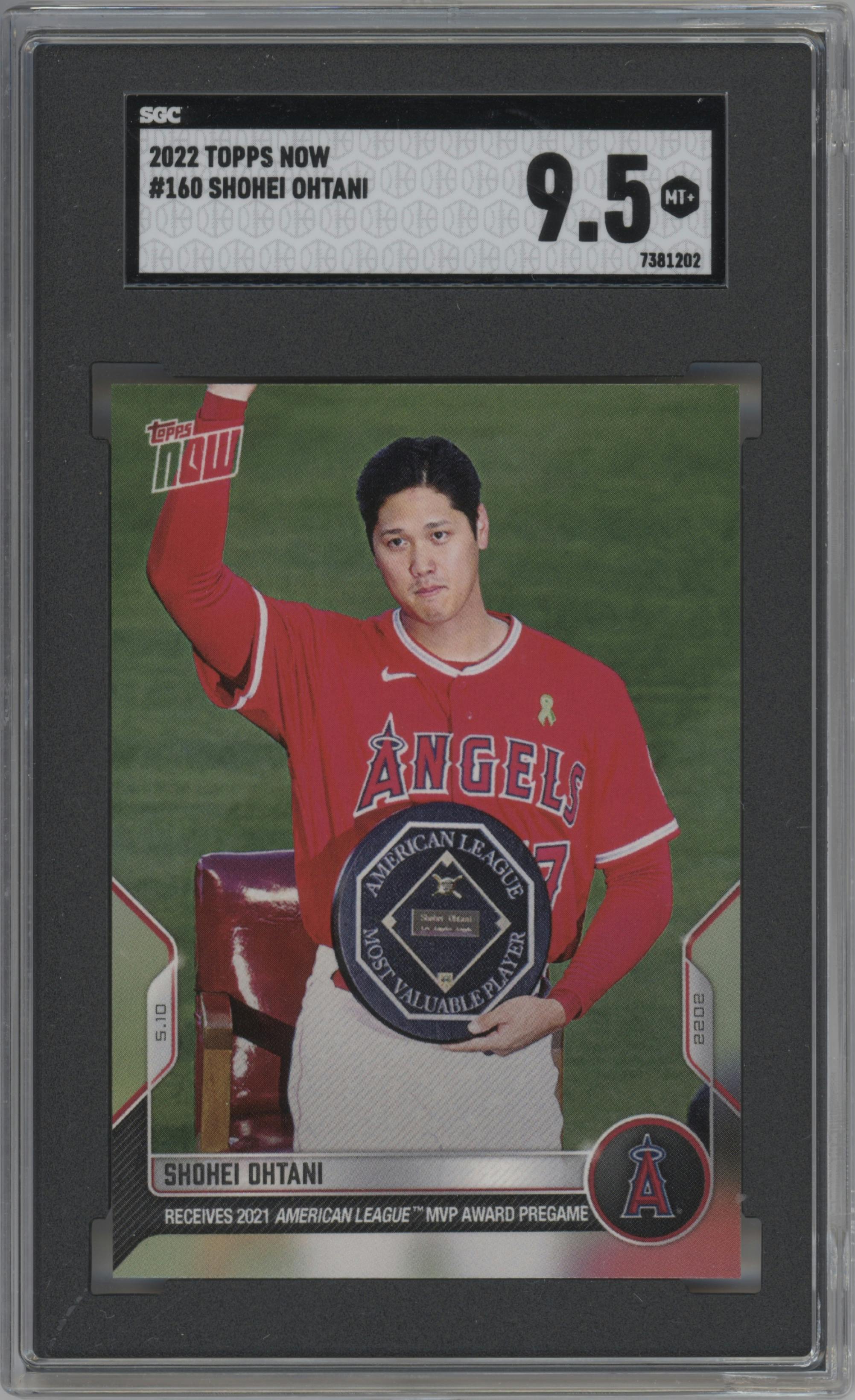 Shohei Ohtani from the 2022 Topps Now set graded by SGC and given an overall grade of 9.5.