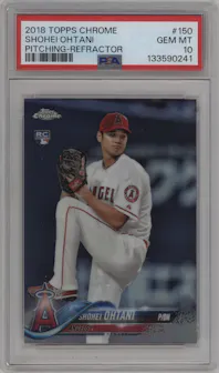 Shohei Ohtani from the 2018 Topps Chrome set featuring a Refractor parallel graded by PSA and given an overall grade of 10.