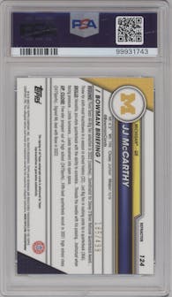 JJ McCarthy from the 2023 Bowman Chrome University set featuring a Refractor parallel graded by PSA and given an overall grade of 9.