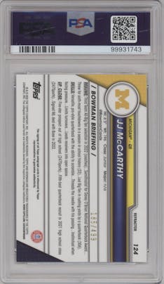 JJ McCarthy from the 2023 Bowman Chrome University set featuring a Refractor parallel graded by PSA and given an overall grade of 9.