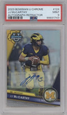 JJ McCarthy from the 2023 Bowman Chrome University set featuring a Refractor parallel graded by PSA and given an overall grade of 9.