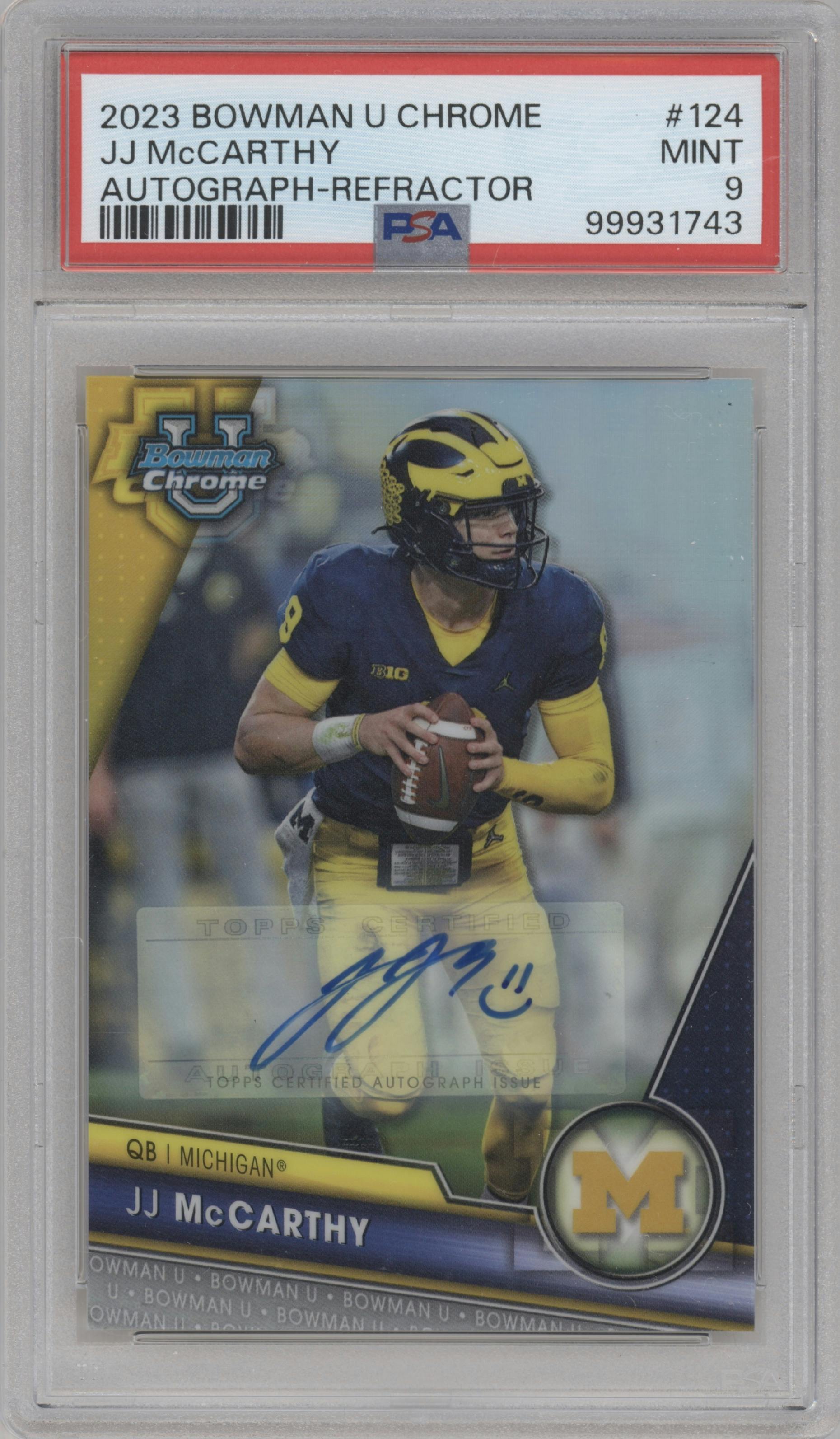 JJ McCarthy from the 2023 Bowman Chrome University set featuring a Refractor parallel graded by PSA and given an overall grade of 9.