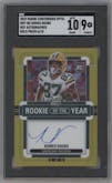 Romeo Doubs from the 2022 Panini Contenders Optic set featuring a Gold parallel graded by SGC and given an overall grade of 9.