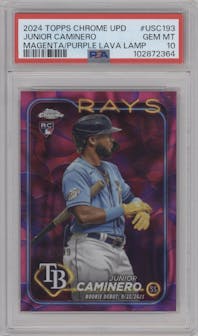 Junior Caminero from the 2024 Topps Chrome Update set featuring a Magenta/Purple Lava Lamp Refractors parallel graded by PSA and given an overall grade of 10.