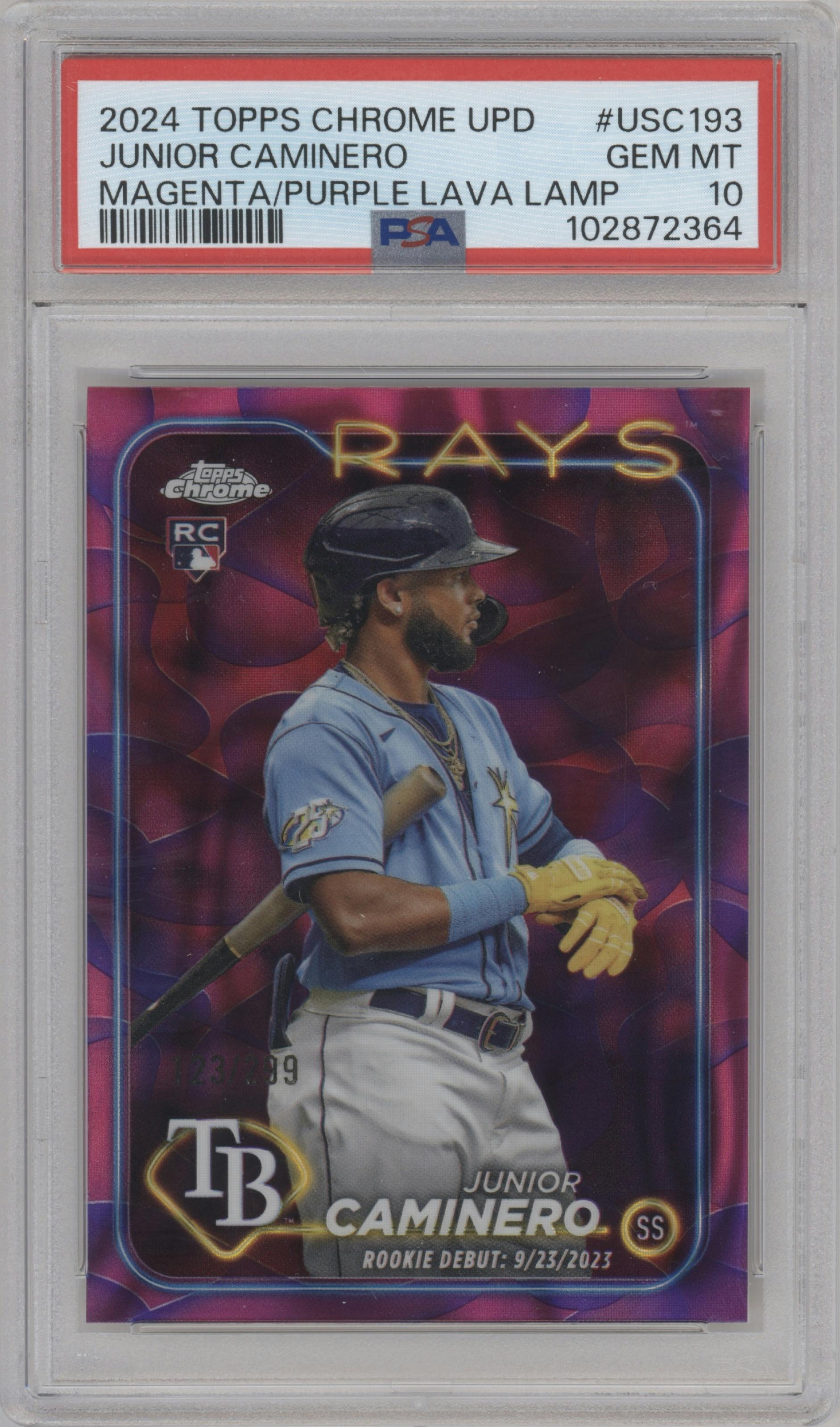 Junior Caminero from the 2024 Topps Chrome Update set featuring a Magenta/Purple Lava Lamp Refractors parallel graded by PSA and given an overall grade of 10.