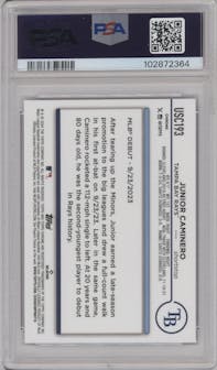 Junior Caminero from the 2024 Topps Chrome Update set featuring a Magenta/Purple Lava Lamp Refractors parallel graded by PSA and given an overall grade of 10.