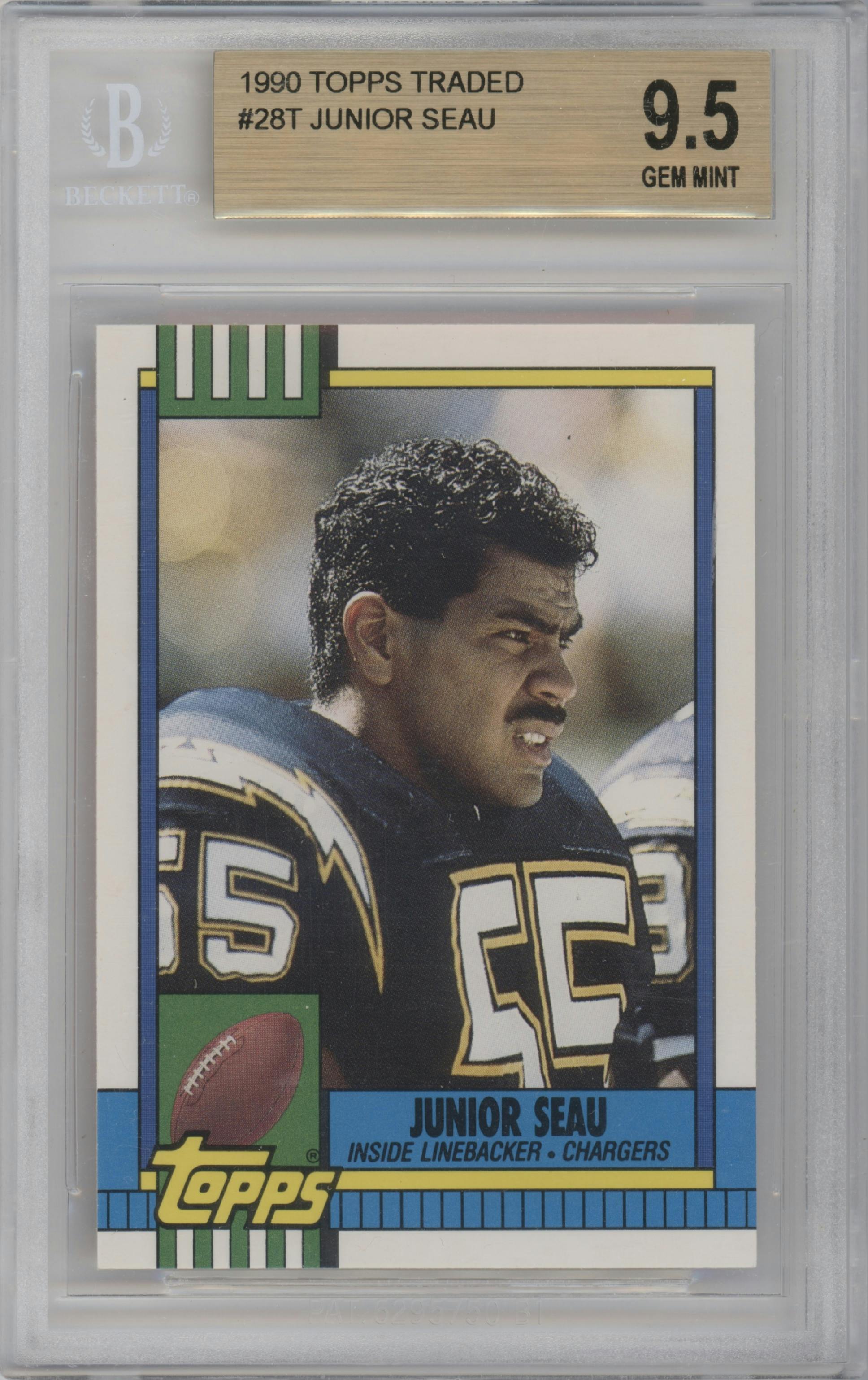 Junior Seau from the 1990 Topps Traded set graded by Beckett and given an overall grade of 9.5.